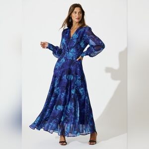 Lorraine Frida Maxi- Azure Splash Long Sleeve Blue Floral Dress